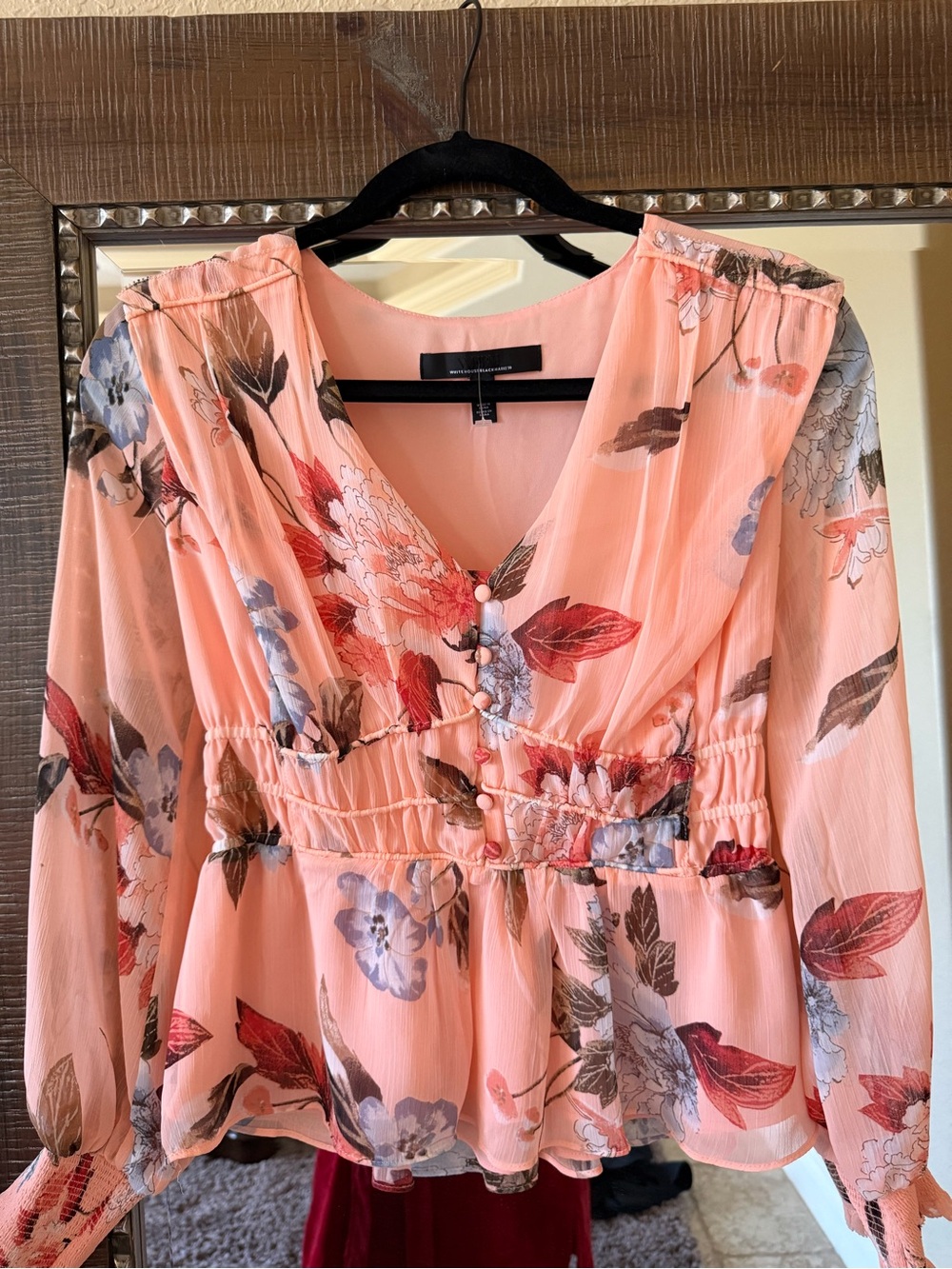 White House Black Market Peach Floral V-Neck Blouse